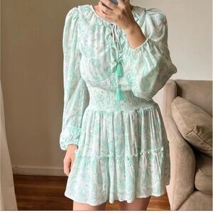 NWT House of Harlow 1960 Ruffle Smocked Waistband Green Gold Paisley print Dress